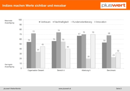 Bei Mitarbeiterbefragungen oder Kundenbefragungen können Indizes / KPI gut den Status strategischer Themen zusammenfassen.